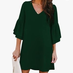 GREEN V-Neck Bell Mid Sleeve Shift Mini Dress Flowy Sexy Women's XXL